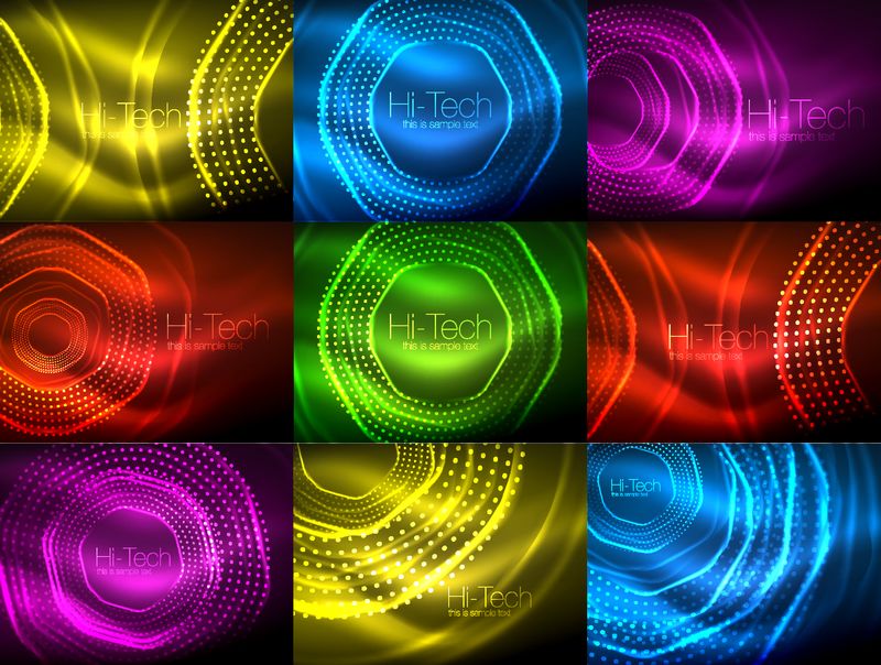 一组神奇的霓虹形状抽象背景用于网页横幅的闪光效果模板业务或技术演示背景或元素矢量图