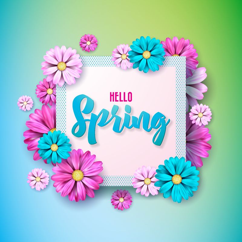 春天的自然设计-干净的背景上有美丽多彩的花朵-矢量花卉设计模板与排版字母