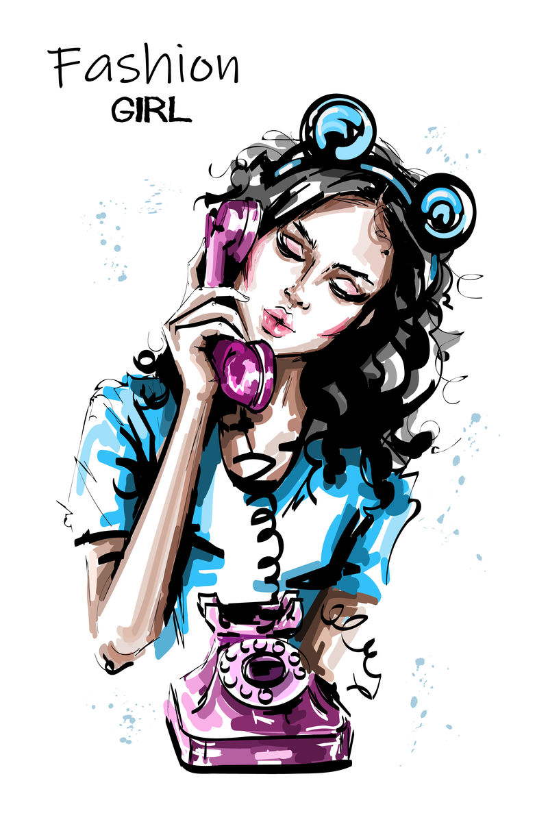手绘美丽的年轻女子手持老式电话听筒-时尚优雅的女孩-熊耳朵头配件-时尚女性肖像-草图
