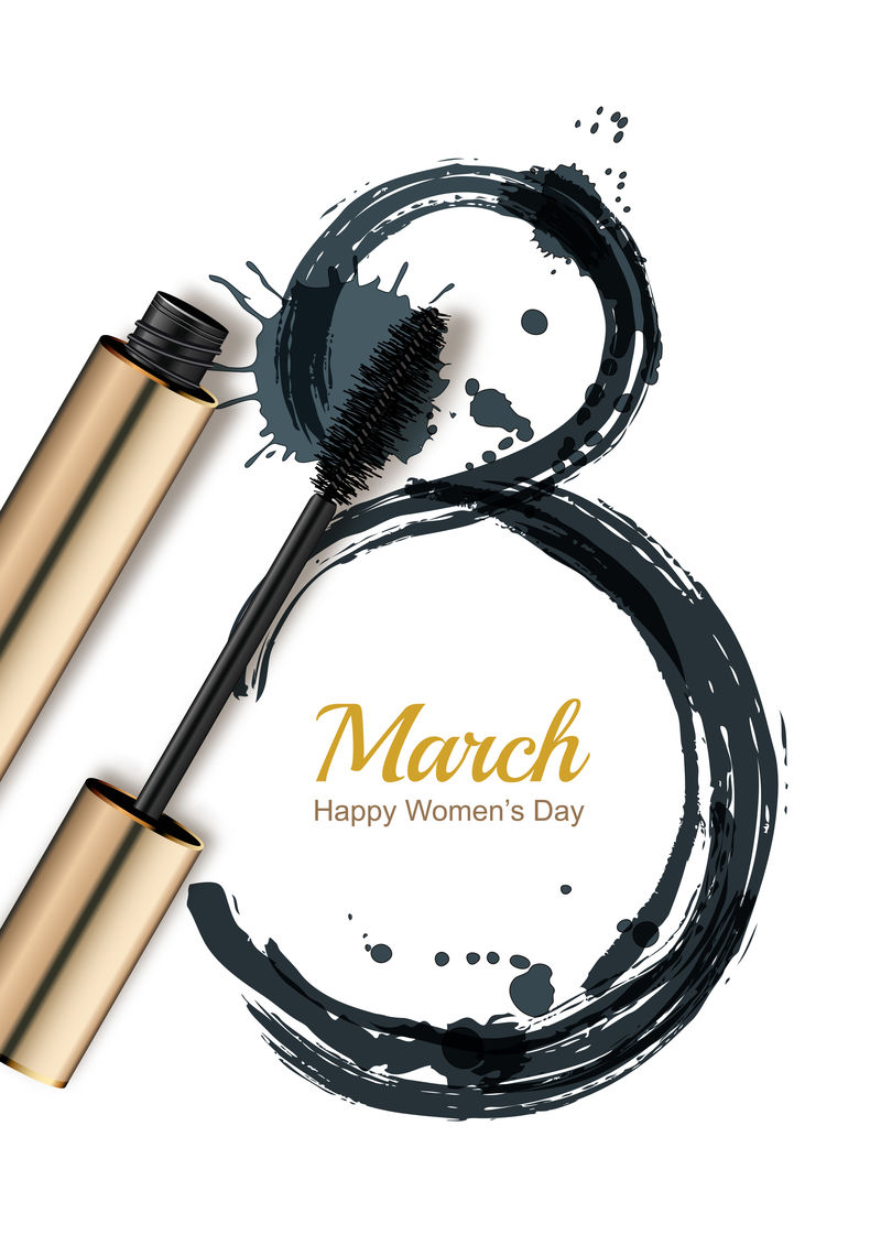 3月8日矢量贺卡国际妇女节睫毛膏和水彩八号隔离