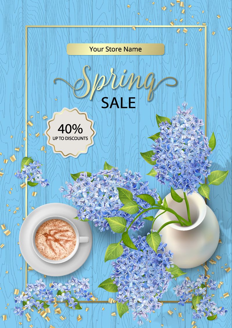 春季促销海报-春天的俯视图-陶瓷花瓶和咖啡杯中的树枝盛开
