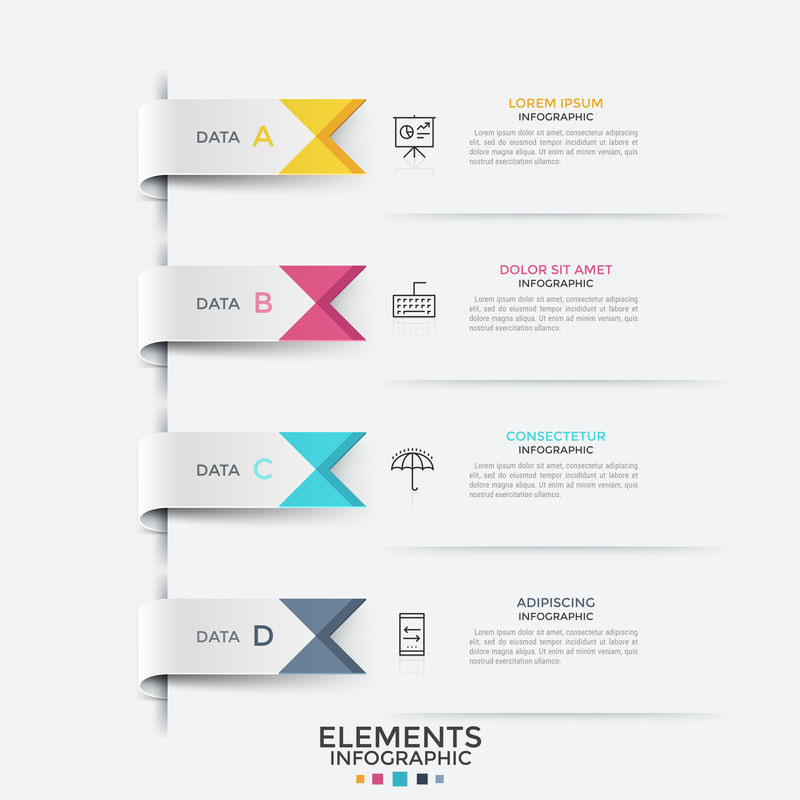 四个彩色的带状书签细线符号和文本框-列表概念-有4个选项可供选择-创意信息图表设计模板-矢量演示-报告