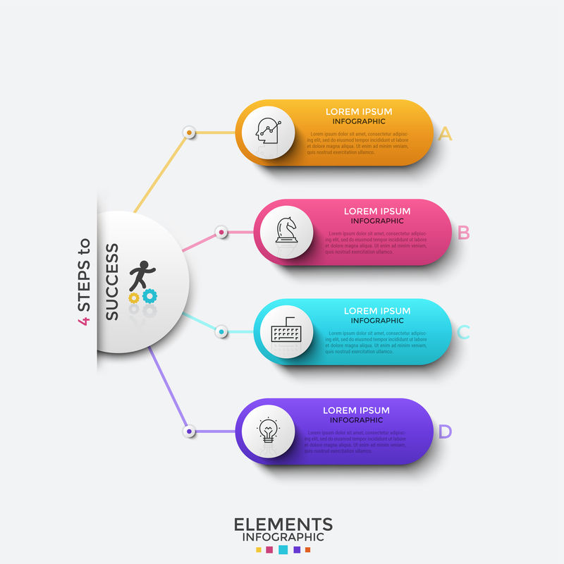 主圆连接到4个带细线图标的圆形元素-并放置文本-成功的四个步骤的概念-现代信息图表设计模板-矢量演示