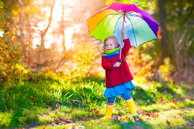 孩子在秋雨公园玩耍