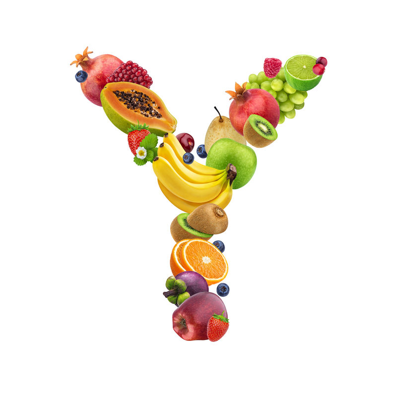 字母Y由不同的水果和浆果制成水果字体以白色为背景健康的字母表