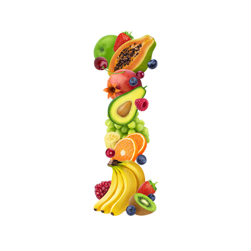 字母I由不同的水果和浆果组成水果字母以白色为背景