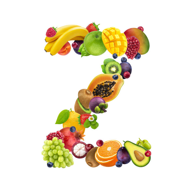 字母Z由不同的水果和浆果制成水果字母表以白色为背景