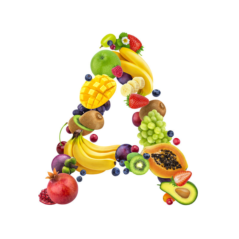 字母A由不同的水果和浆果组成水果字母表以白色为背景