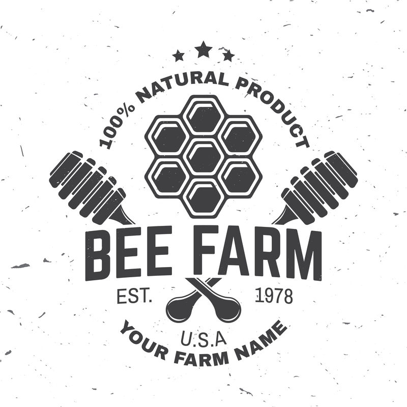 蜂蜜农场徽章矢量衬衫印花印花或T恤的概念复古的排版设计与蜂巢块和蜂蜜斗轮廓蜜蜂农场业务的复古设计