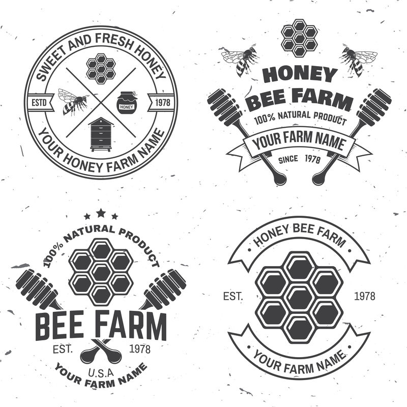 一套蜂蜜蜜蜂农场徽章矢量衬衫邮票或T恤的概念复古的排版设计与蜜蜂蜂巢块蜂巢和蜂蜜斗剪影蜜蜂农场业务设计