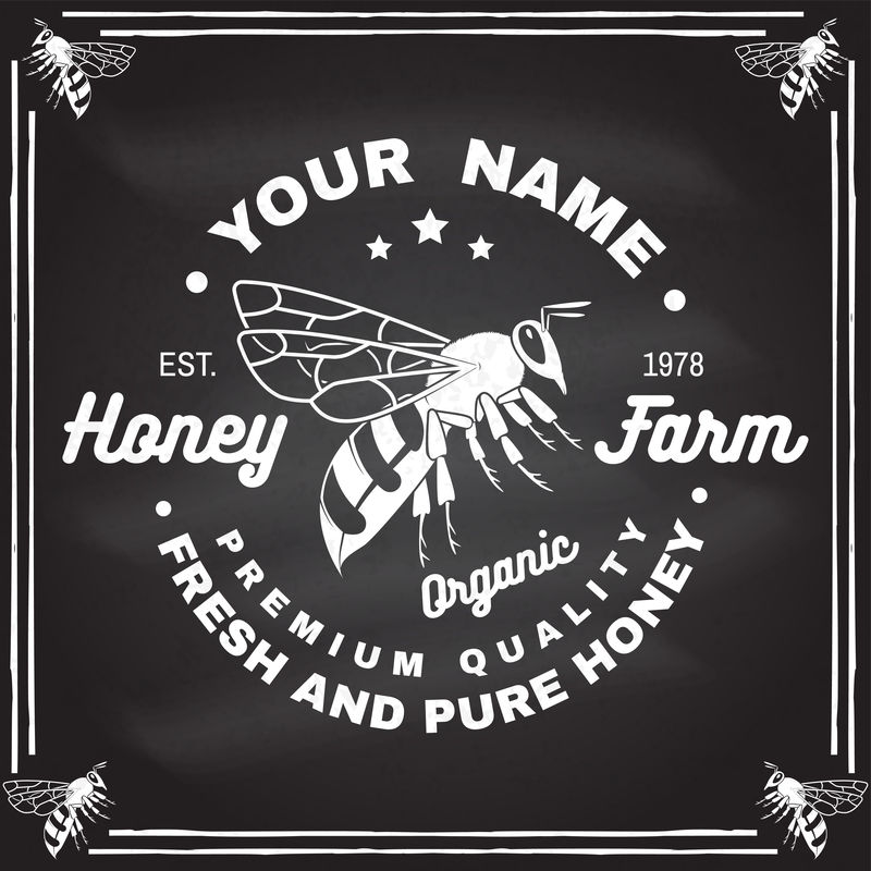 蜂蜜农场徽章矢量在黑板上衬衫邮票或T恤的概念复古的排版设计与蜜蜂剪影蜂蜜蜜蜂农场业务的复古设计新鲜纯净的蜂蜜