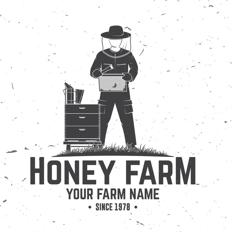 蜜蜂农场徽章矢量衬衫印花印花或T恤的概念复古的排版设计与蜂巢和养蜂人的剪影蜜蜂农场业务的复古设计