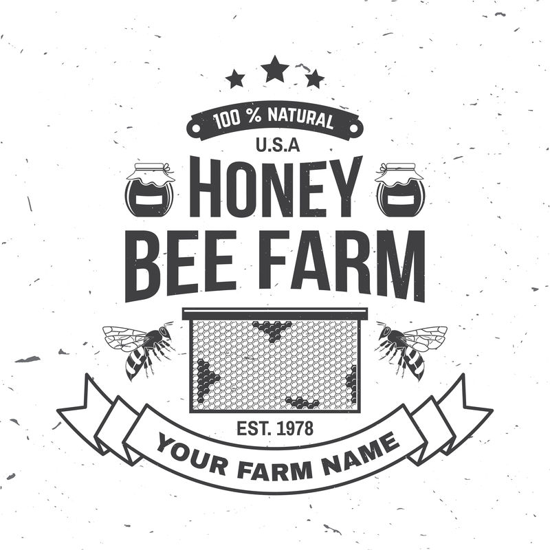 蜂蜜农场徽章矢量衬衫印花印花或T恤的概念复古的排版设计与蜜蜂蜂窝块和剪影蜜蜂农场业务的复古设计