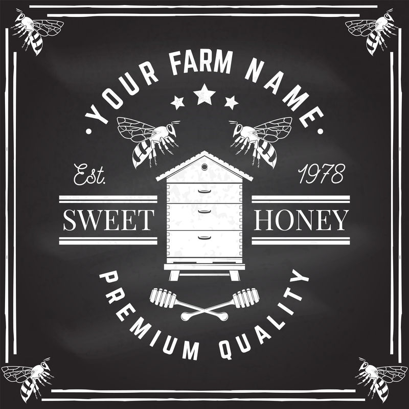 蜂蜜农场徽章矢量在黑板上衬衫邮票或T恤的概念复古的排版设计与蜜蜂蜂巢和蜂蜜斗的轮廓蜜蜂农场业务的复古设计
