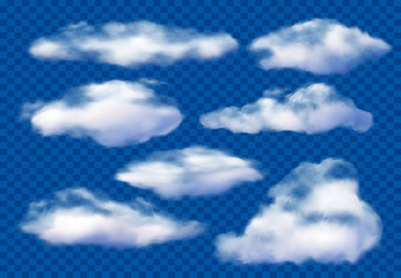 现实的云-多云的天空-蓬松的云和白色的蒸气云-春天天气晴朗-独立三维矢量图示符号集
