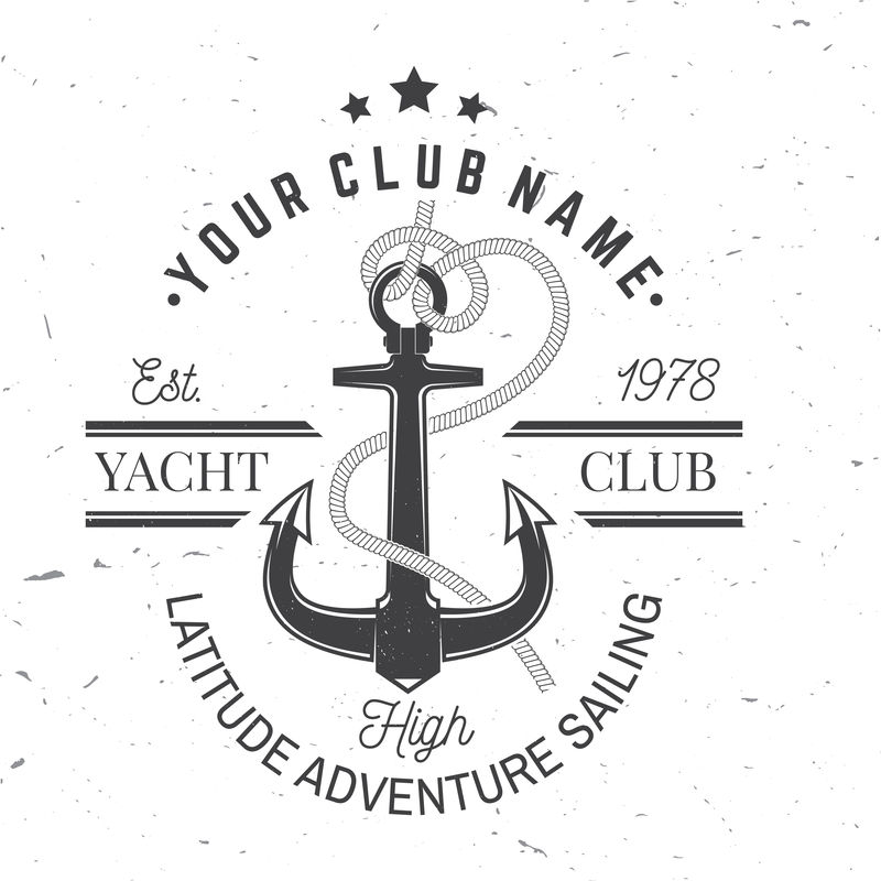 游艇俱乐部徽章矢量游艇衬衫印花印花或T恤的概念复古的排版设计与黑海锚和绳结轮廓最佳体育活动