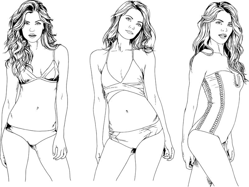 矢量图描绘了漂亮的女孩-穿着泳衣-穿着性感的姿势-用手绘墨水-没有背景的物体