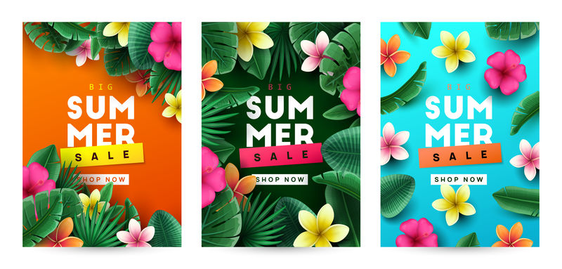 夏季销售背景为热带花卉和棕榈叶矢量图解