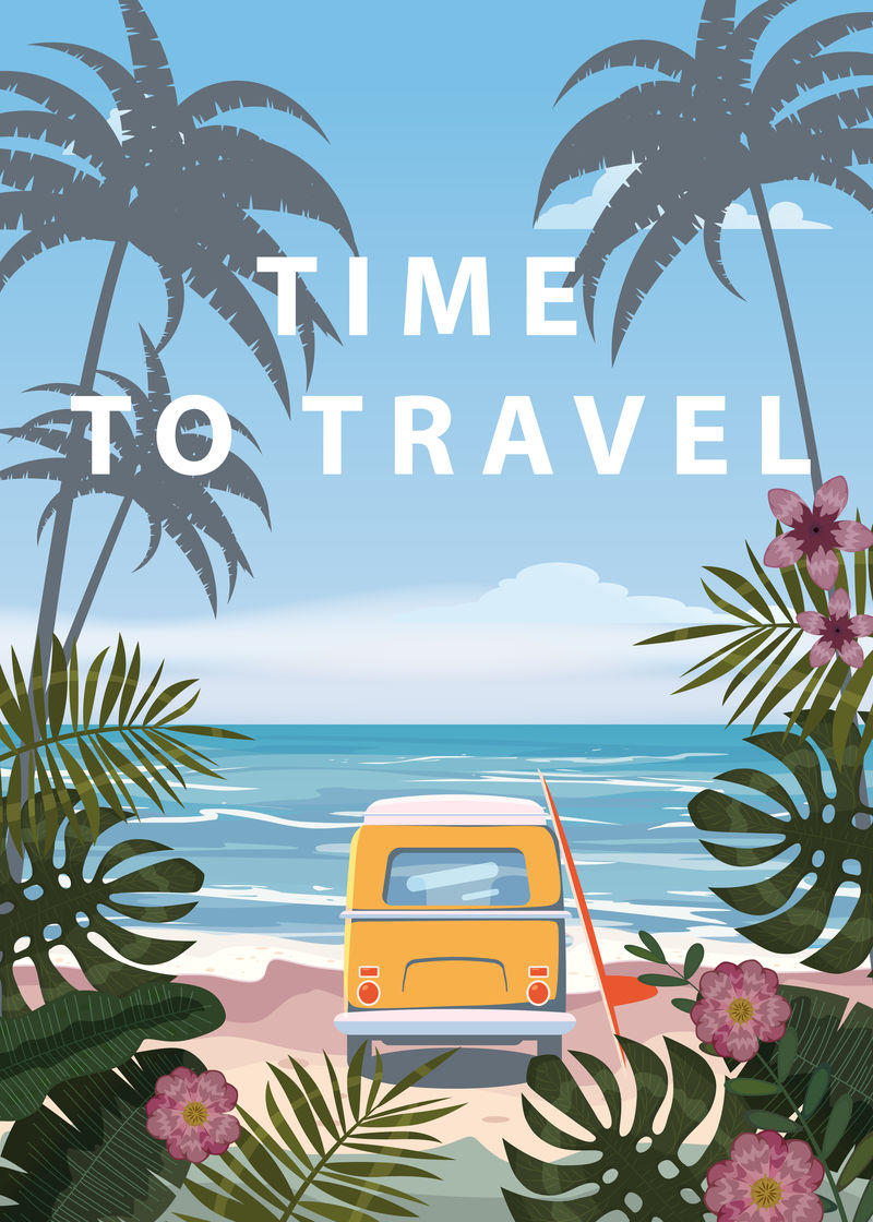 暑假旅游时间度假海景景观海洋海滩海岸棕榈叶巴士冲浪板复古热带树叶棕榈树模板矢量横幅海报插图独立