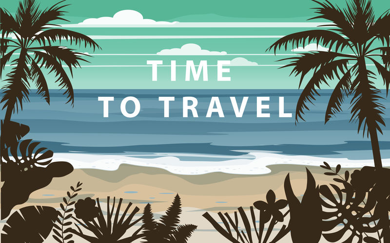 暑假旅游时间度假海景景观海景海滩海岸棕榈叶复古热带树叶棕榈树模板矢量横幅海报插图独立