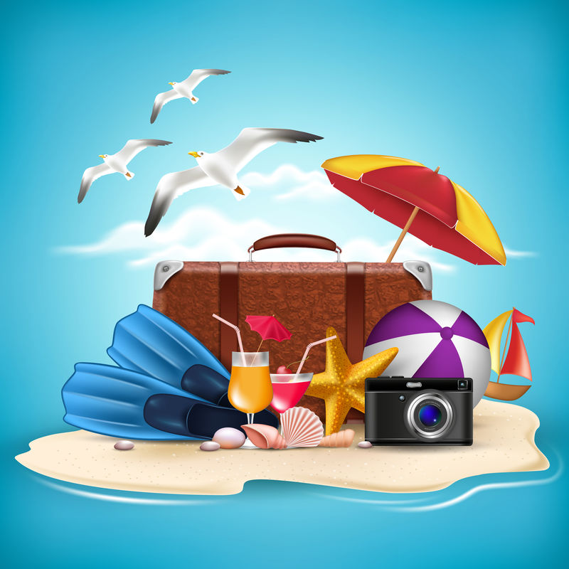 3D写实的暑假设计适合在沙滩岛和夏日用品的地平线上旅行矢量图-库存矢量