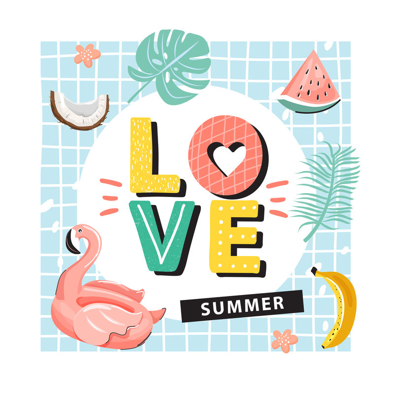 时尚的排版标语设计“爱夏天”标志弗拉明戈在