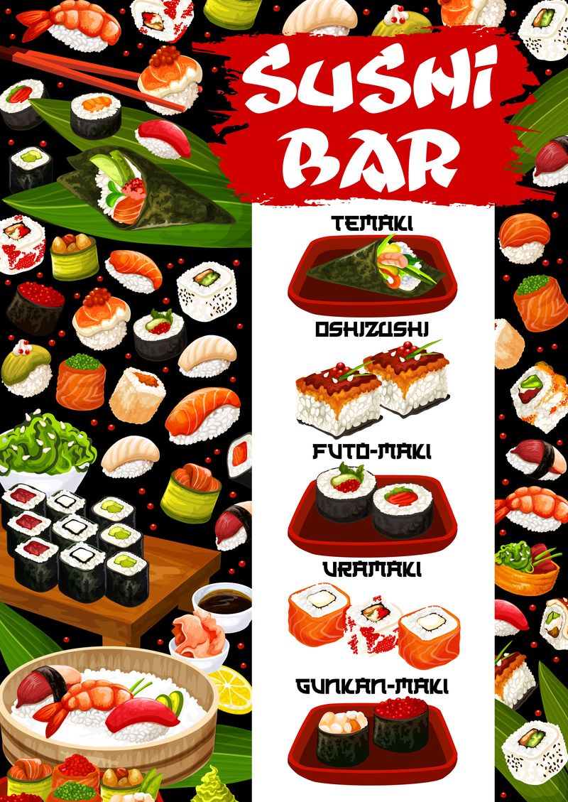 亚洲寿司吧菜单海鲜生鱼片卷