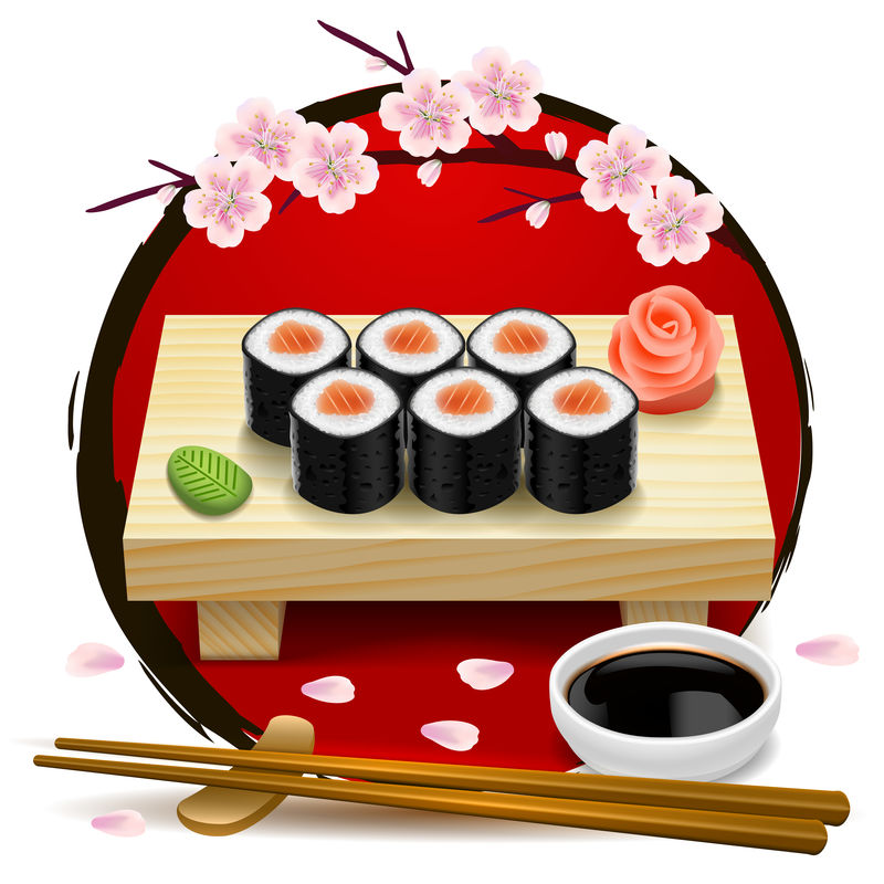 木托盘寿司-日本和樱花的红色符号-筷子-芥末-酱油-生姜-矢量剪贴画插图