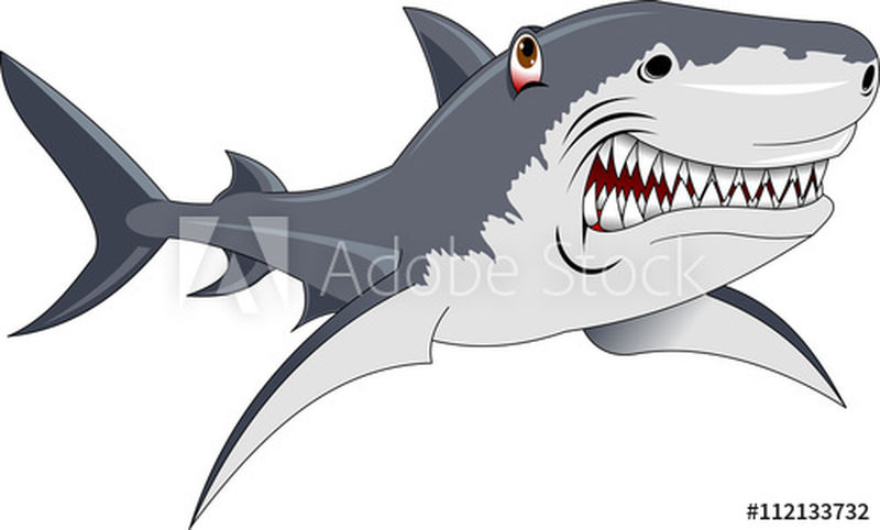 饥饿愤怒的卡通大白鲨与大牙齿孤立-图解