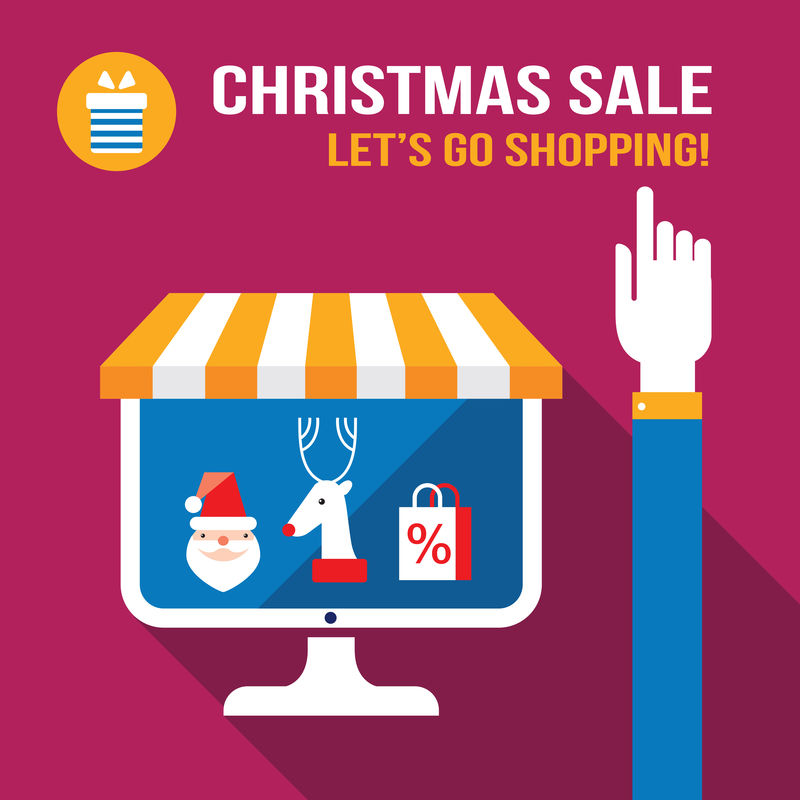屏幕上有圣诞网络图标的电脑：圣诞老人鹿和购物袋电子商务业务新年季节性销售矢量图解