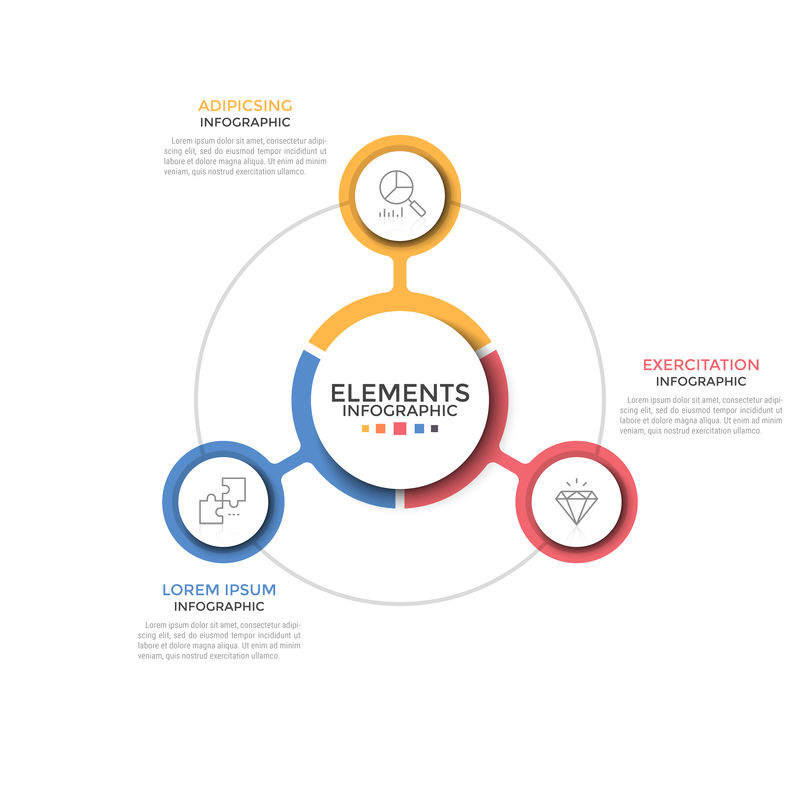 圆图-三个彩色圆形元素-中间放置有线性符号-启动项目三大特点的概念-现代信息图表设计模板-矢量图