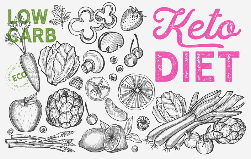 生酮饮食蔬菜载体酮手绘插图健康和低碳水化合物成分-水果和有机食品