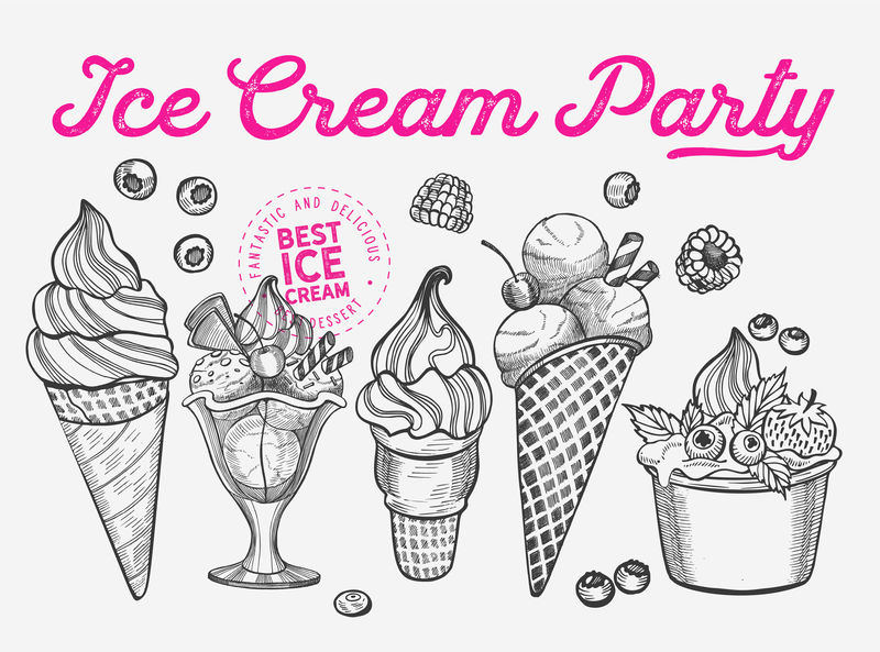 以老式背景制作的餐厅冰淇淋插图Vector手工绘制的Gelato图标用于食品和甜点咖啡馆用文字和涂鸦图案设计水果和糖果