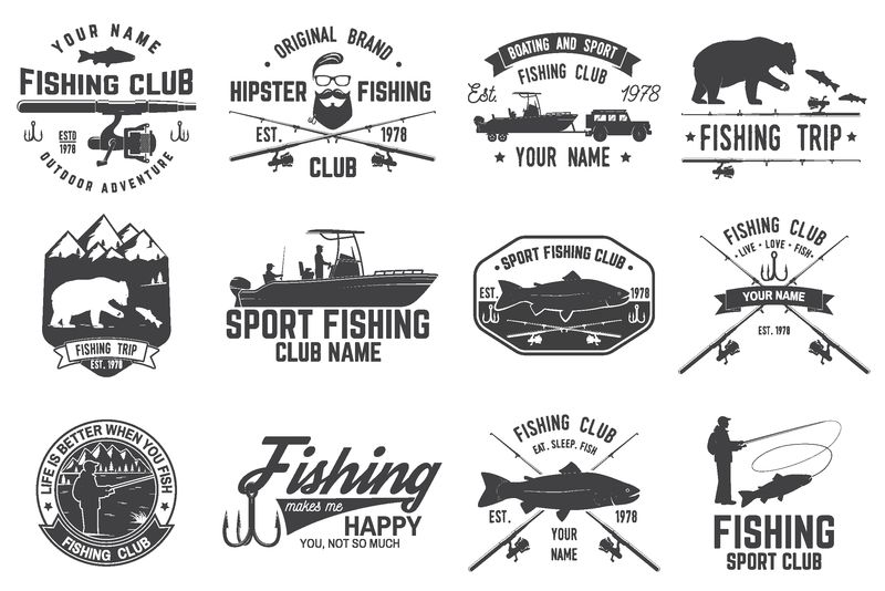 钓鱼俱乐部-矢量图-衬衫或标志印花印花或T恤的概念-复古的排版设计与鱼竿轮廓