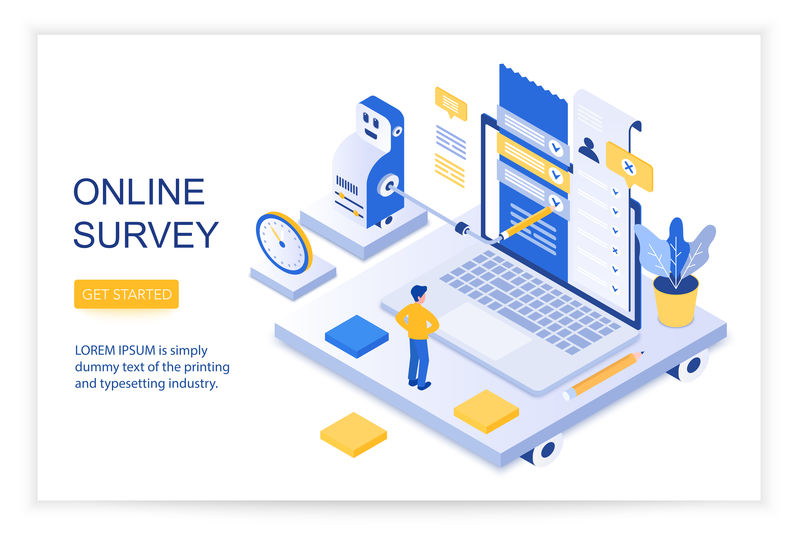 在线调查问题清单问卷调查社会管理概念三维等距登陆网站页面模板矢量图