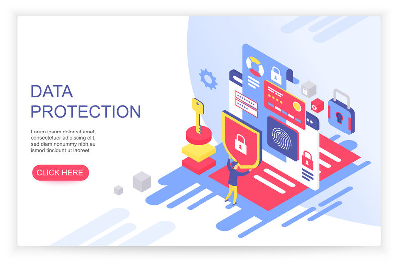 数据保护概念信用卡检查和软件访问数据保密可用于网页横幅信息图形英雄图片白色背景上的平面等距图
