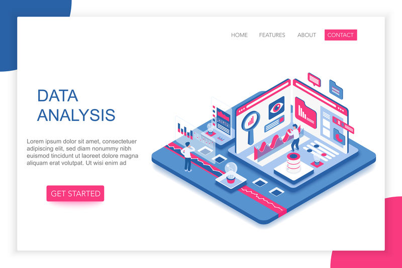 数据分析大数据分析现代三维等距矢量网站登陆页面模板人们与虚拟屏幕图表交互并分析统计数据