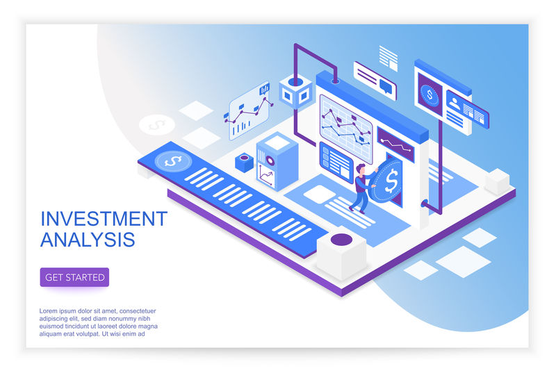 金融增长与研究商业战略管理分析投资解决方案现代三维等距登陆网站页面模板矢量图