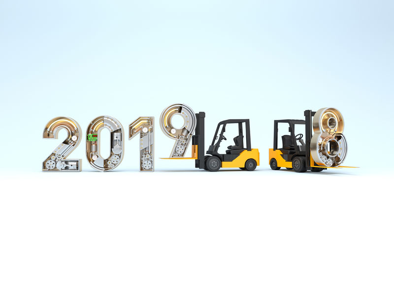 2019年新年由机械字母表和叉车组成-三维图解