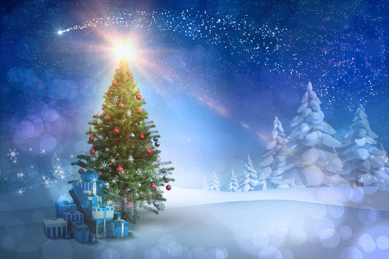 冬季圣诞树与雪花的数码合成