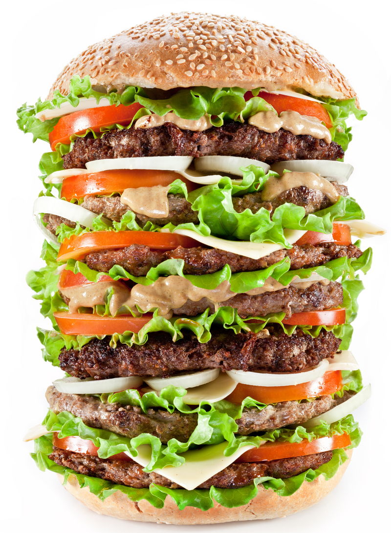白色背景下的开胃超级大汉堡-特大号汉堡