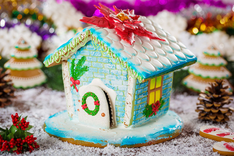 带圣诞树的姜饼屋-为孩子们自制的圣诞糖果用雪和圆锥体装饰新年