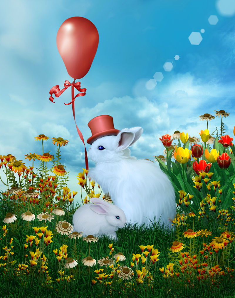 鲜花和玩具兔特写镜头