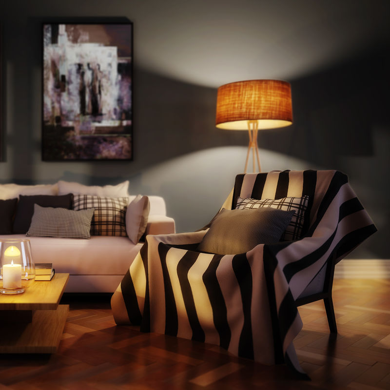 可爱的起居室室内装饰夜间绘画（聚焦）-三维可视化