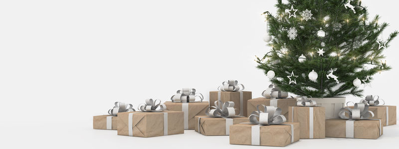 圣诞树上的礼物都是白色的三维渲染
