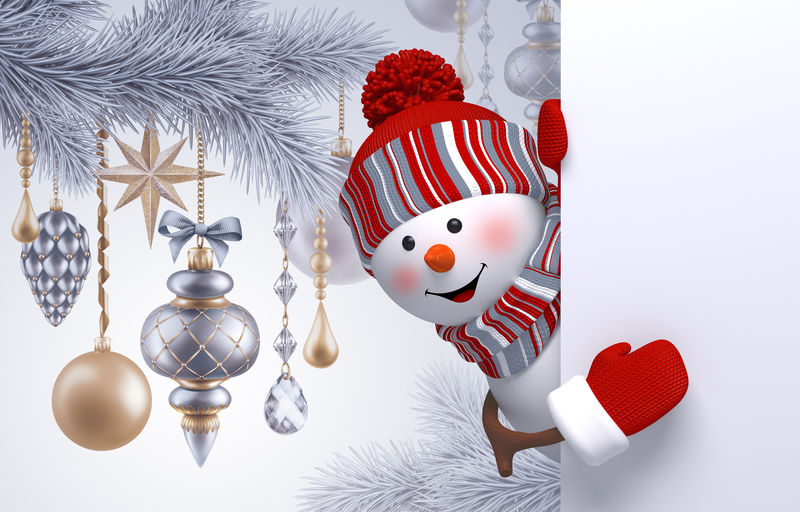 3D好奇雪人观景圣诞树挂饰球海报寒假背景空白横幅贺卡模板