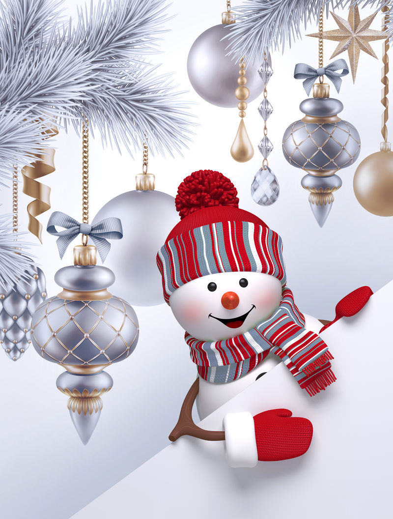 3D快乐雪人角色圣诞树挂饰球寒假银色背景海报模板