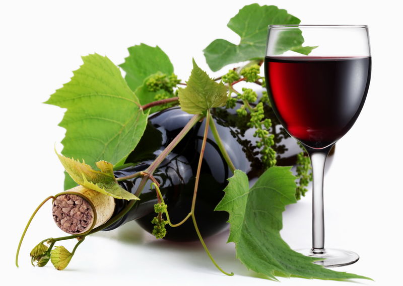 一瓶缠绕着葡萄藤和满杯的葡萄酒