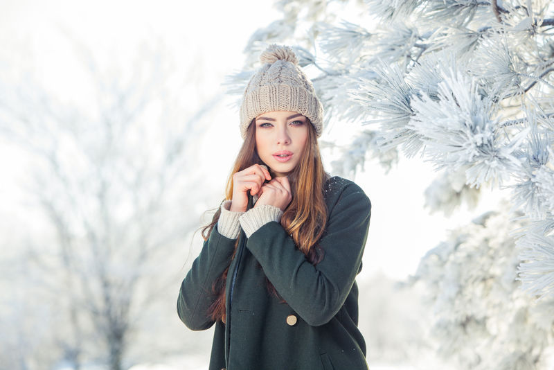 美丽的冬日雪景中年轻女子的肖像