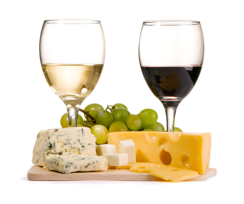 奶酪白葡萄酒和红葡萄酒-白底隔离